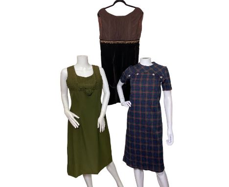 Late 50s/ 60s fashions to include a plaid shift dress, an interesting black and white guipure lace dress by Flory of Miami, a