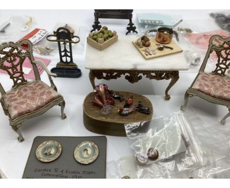 Antique Fine dolls house Table and chairs and large selection of miniature-fine artist pieces including umbrella stand fender