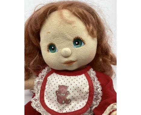 Mattel Vintage My Child Red haired child cloth doll in red romper and Has the RED hair long with fringe Azure eyes and peach 