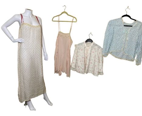 Vintage lingerie and blouses to include a 20s/30s step in, a ditsy print bed jacket a dickie with scalloped collar, an eau de