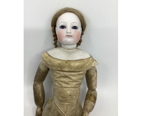 Antique French Fashion doll c 20” ; Likely Jumeau; Marked 5 to each shoulder only. Bisque head has suffered damage and is cra