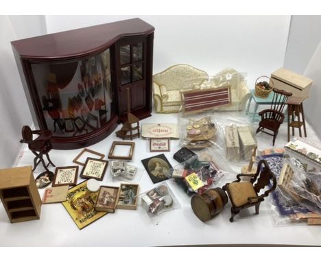 Vintage wooden dolls shop Dolls House emporium shadow bow fronted box and dolls house Fine &nbsp;miniatures ; to include doll