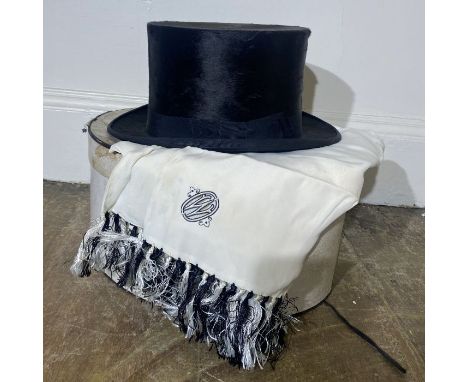 A silk top hat and an ivory silk evening scarf with W monogram and monochrome fringe (2)this measures at 21.5 inches around t
