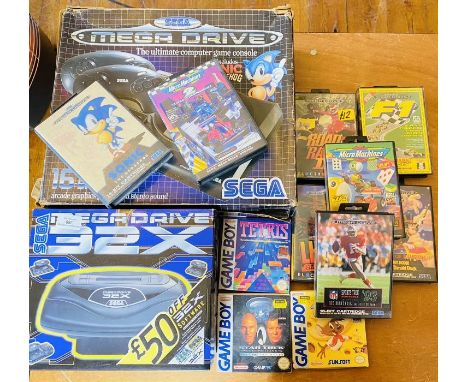 Sega Mega Drive 16 Bit Console, with a selection of games, a Sega Mega Drive 32x and 3X Game Boy Games - Contents remain unch