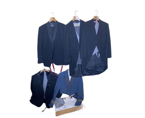 vintage evening and formal menswear to include 2 morning suits, 2 dinner suits, an RAF mess jacket, a tailcoat with waistcoat
