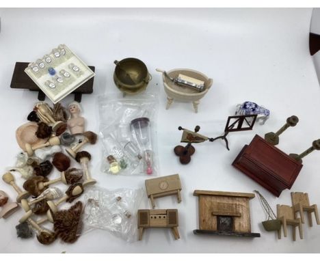 Vintage dolls house selection of furniture and furnishings-inc some150s Dol Toi and many pieces in dolly wash tub and wringer