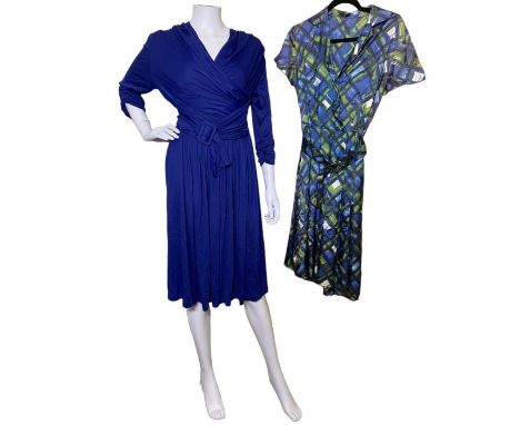 3 1950s dresses and a 1950s blouse to include a Kitty Copeland dress in royal blue rayon jersey with draped bodice, a painter