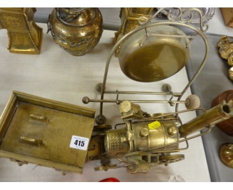 Brass gong and ornamental brass steam engine with cart