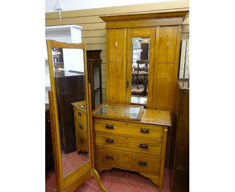 Modern light wood cheval mirror and a late Victorian single door wardrobe and dressing table