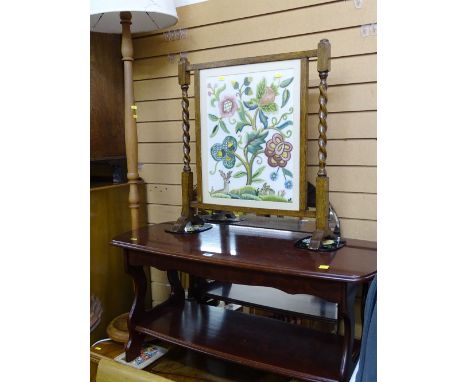 Reproduction wood effect two tier oblong table, polished standard lamp and shade and a barley twist framed tapestry firescree