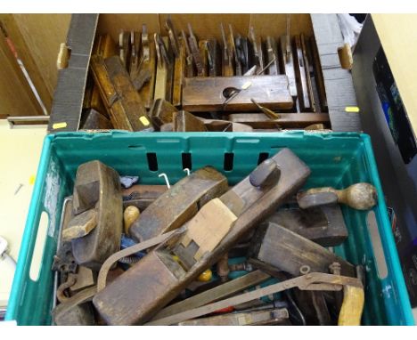 Box of vintage moulding planes and a crate of vintage block planes