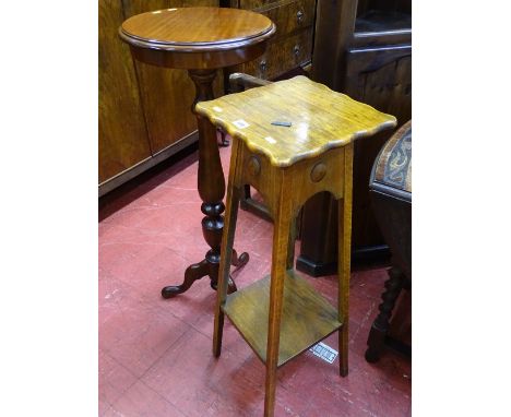 Polished two tier square planter stand and a reproduction mahogany circular topped planter stand on a tripod base