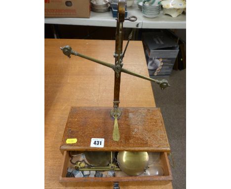 Set of mahogany and brass weighing scales and weights