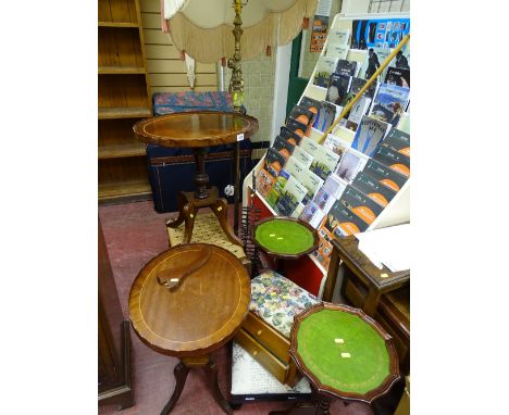Parcel of four wine tables, two upholstered top stools, a cane topped stool, a pseudo onyx and brass standard lamp and shade 