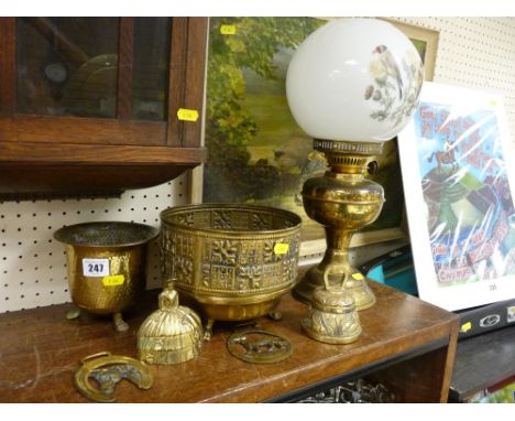 Parcel of decorative brassware, oil lamp with woodpecker decorated shade etc