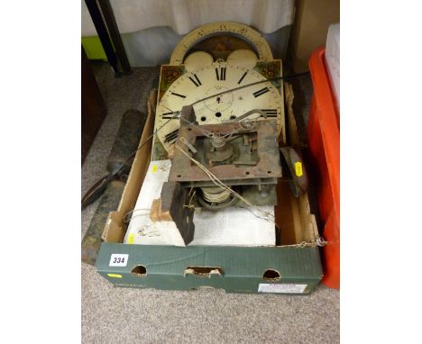 Longcase clock face, workings, weights and pendulum