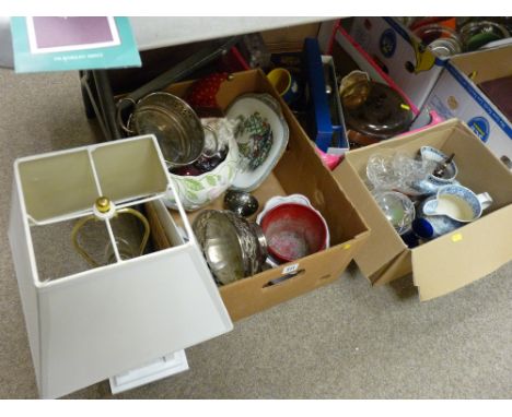 Three boxes of mixed porcelain, kitchen items, electroplate, table lamp, boxed carving set etc (a parcel)