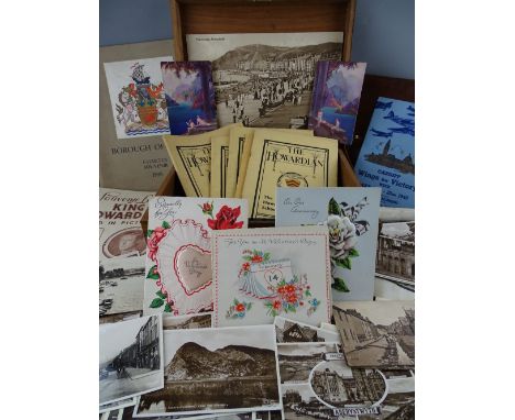 Vintage lidded box and contents including a leather pouch, a Cardiff 'Wings for Victory Week' programme, May 15th-22nd, 1943,