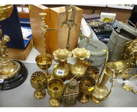 Brass balance scales, vases etc