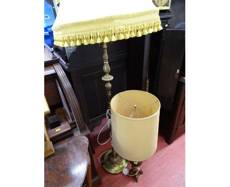 Brass standard lamp with tasselled shade and a brass table lamp with shade E/T