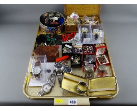 Mixed collection of jewellery, watches and silver items including a nine carat gold name tag dated 1841, a hallmarked silver 