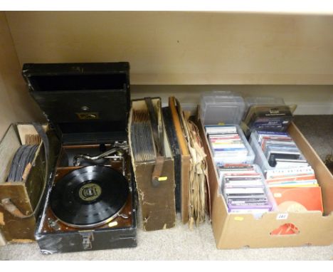 Picnic gramophone, quantity of old vinyls in a vintage case and loose, a quantity of CDs, 45rpm records etc