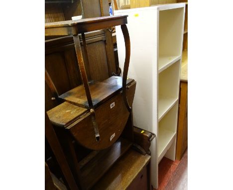 Small polished drop leaf coffee table, a glass topped square table with base shelf and a white painted three shelf open floor