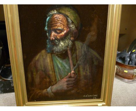 J ZINAKIAN painting on material - man smoking a pipe, 66 x 47 cms