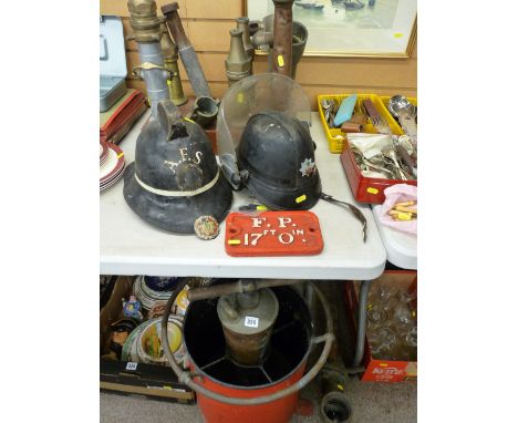Large parcel of vintage fireman's equipment including brass nozzles, pump, helmet etc