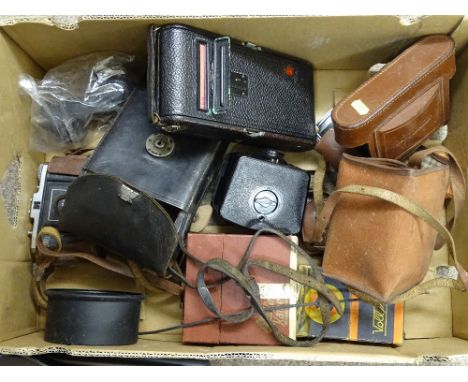 Box of vintage camera equipment including Zeis, Ikon, Nettar, Envoy, Yeighandr? etc