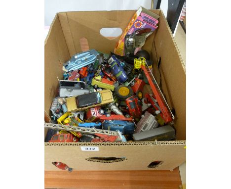 Box containing a large quantity of vintage diecast vehicles including Dinky fire engine, Dinky Spectrum, Corgi etc
