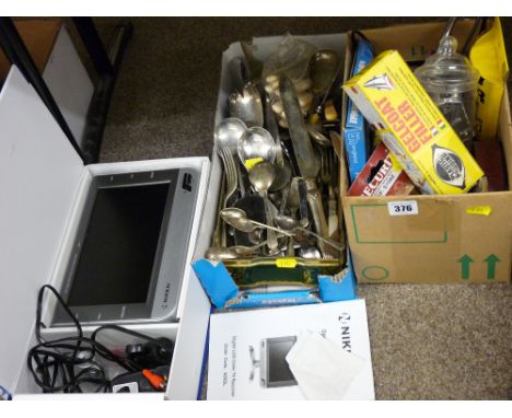 Box of mixed household, small box of miscellaneous cutlery and a compact flatscreen TV