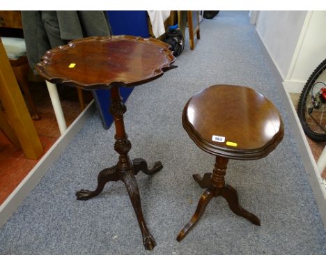 Nice mahogany tripod wine table with piecrust edge, shaped column and ball and claw supports and another small wine table