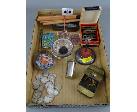 Mixed collectables including a hallmarked silver hatpin stand, quantity of vintage silver thrupenny pieces, small brass snuff