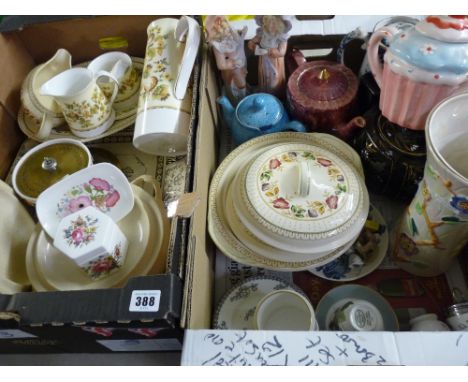 Two boxes of mixed porcelain including Worcester, Portmeirion, Wedgwood, Arthur Wood lustre vase etc