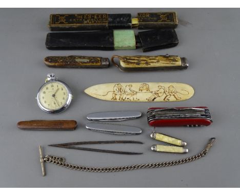 Collection of antler mounted and other pocket knives, a base metal Ingersol pocket watch, an Albert chain, two vintage cut-th
