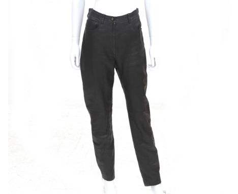 Black Chanel Boutique leather pants. The pants are a straight model with a black and gold CC logo button. The two back pocket
