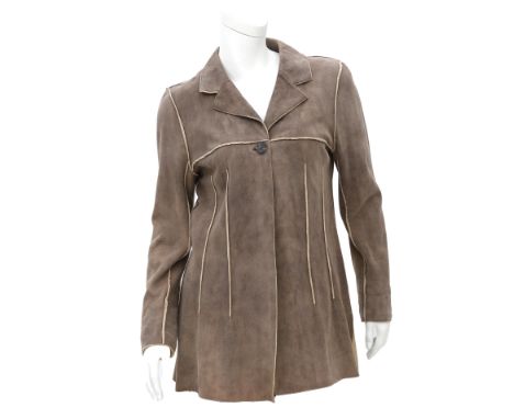 A Chanel Boutique suede jacket. The coat has a Chanel Paris button on the front and decorative seams.Fabric:100% stag leather