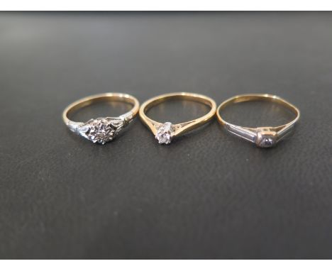 Three diamond single-stone rings - One with 18ct gold hallmark, two stamped 18ct and plat - Ring sizes K, L1/2, M - Total wei