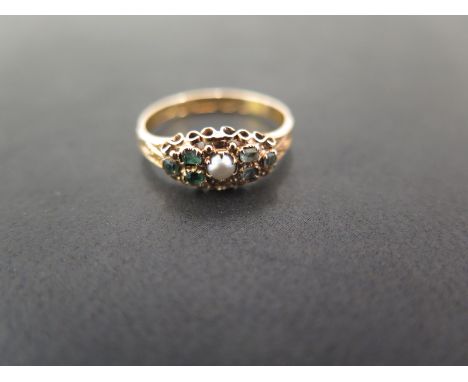 A late Victorian 15ct gold emerald, seed pearl and green-gem ring - Hallmarked Birmingham 1869 - Ring size N 1/2 - Weight app