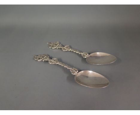 A pair of late 19th century Dutch silver spoons with twisted stems and sailing ship finial - Total weight approx. 4.5 troy oz