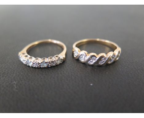 Two 9ct gold half-circle rings - To include one set with diamonds and white-gems together with one set with diamonds - Hallma