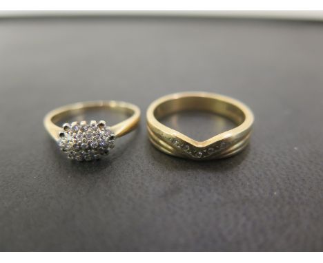 Two 9ct gold diamond rings - To include a cluster - Size K - Together with a grooved band ring - Size M - Hallmarked Birmingh
