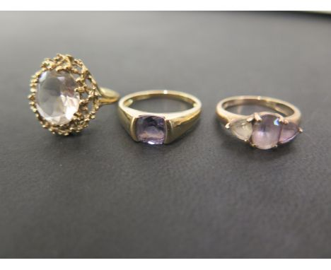 Three 9ct gold gem-set rings - To include amethyst and rock crystal - Hallmarked Birmingham and London - Ring sizes M, N, Q -