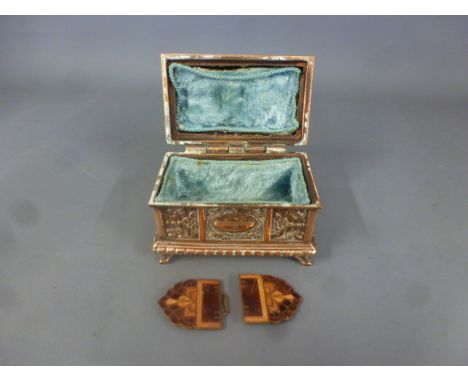 An Art Deco enamelled buckle and a copper casket - Width 9cm
Condition report: Casket cleaned, enamel good to buckle