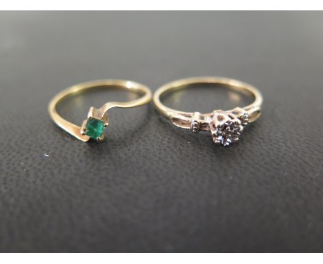 A 9ct gold diamond ring - Hallmarked Sheffield - Ring size N 1/2 - Weight approx 1.5gms - Together with an emerald single-sto