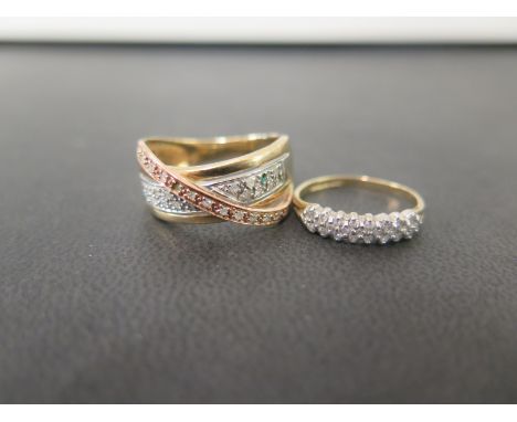 A 9ct tri-colour gold diamond-set twist ring - Ring size P - Together with a 9ct gold diamond half-circle ring - Size J - Bot