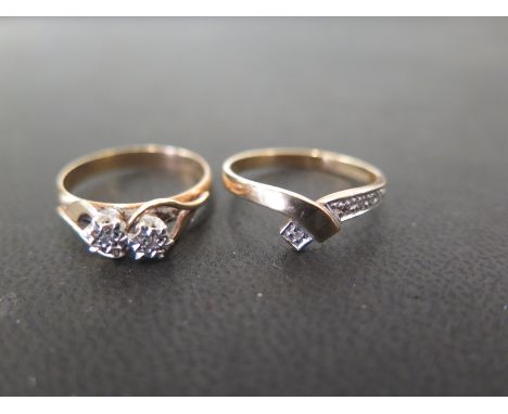 Two 9ct gold rings - To include a two-stone crossover - Together with a chevron style ring - Both with full hallmarks - Ring 