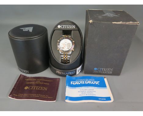 A Citizen Pro master World Time Navihawk Chronograph wristwatch - stainless steel case and bi metal strap - boxed with extra 