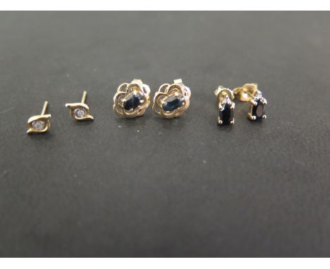 Three pairs of gem-set earrings - To include sapphire and white-gem - Two with 9ct gold hallmarks - Total weight approx 2.3gm